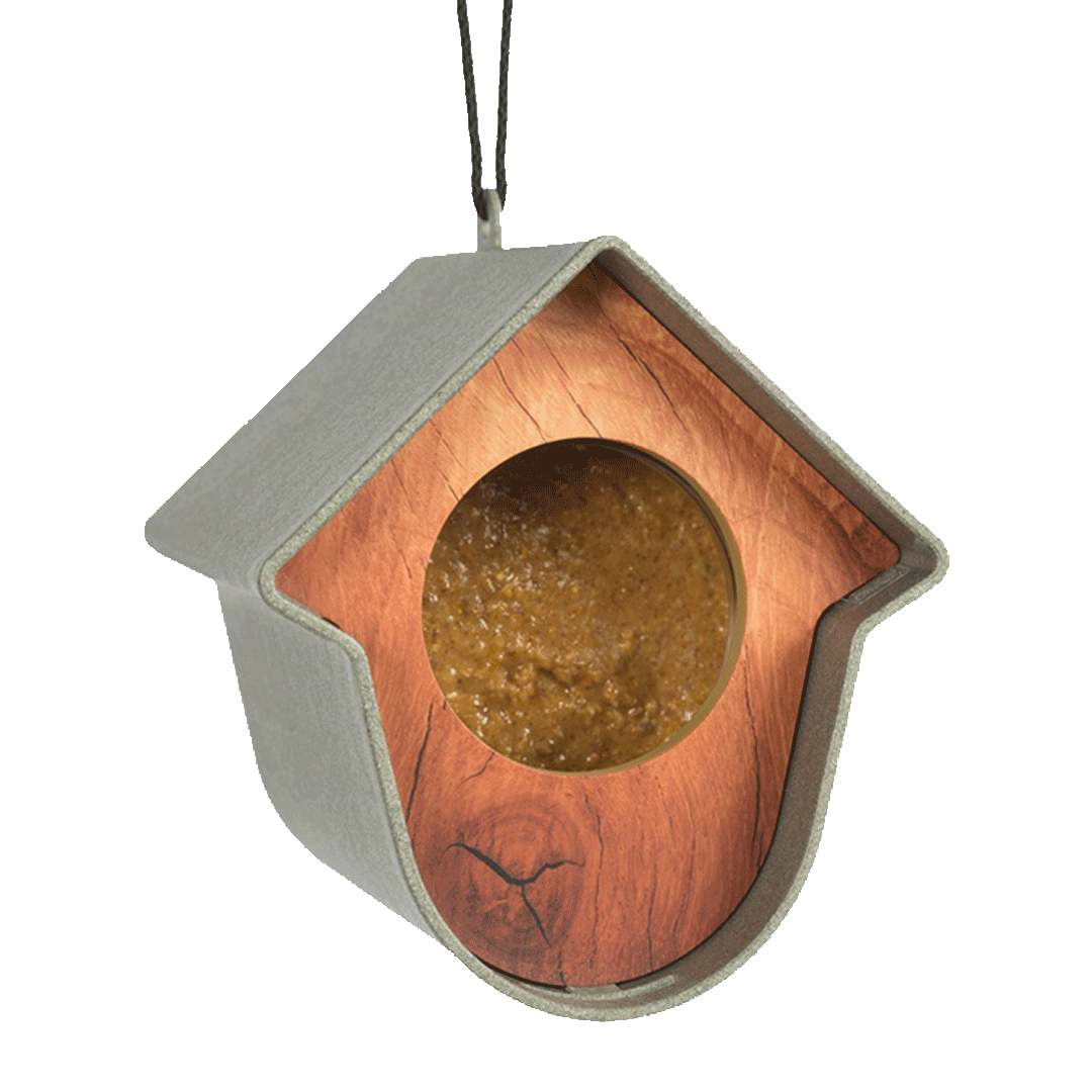 Support pour beurre de cacahuètes pour oiseaux – gris-vert, façade couleur bois