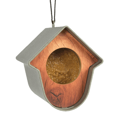 Support pour beurre de cacahuètes pour oiseaux – gris-vert, façade couleur bois